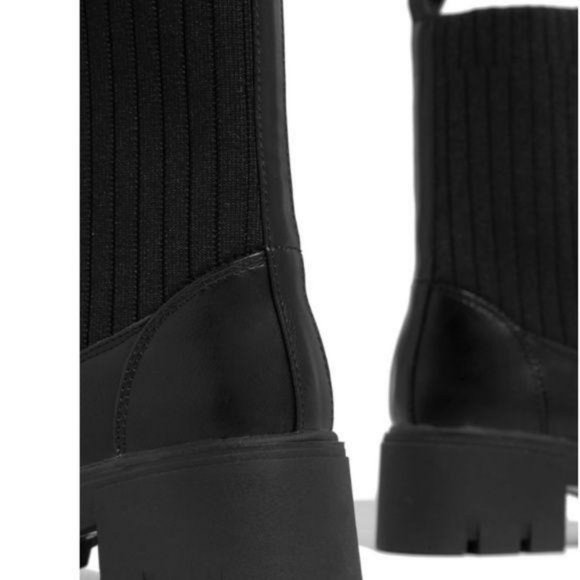 Black Knit Shaft Lace Up Combat Boots - Picture 4 of 4